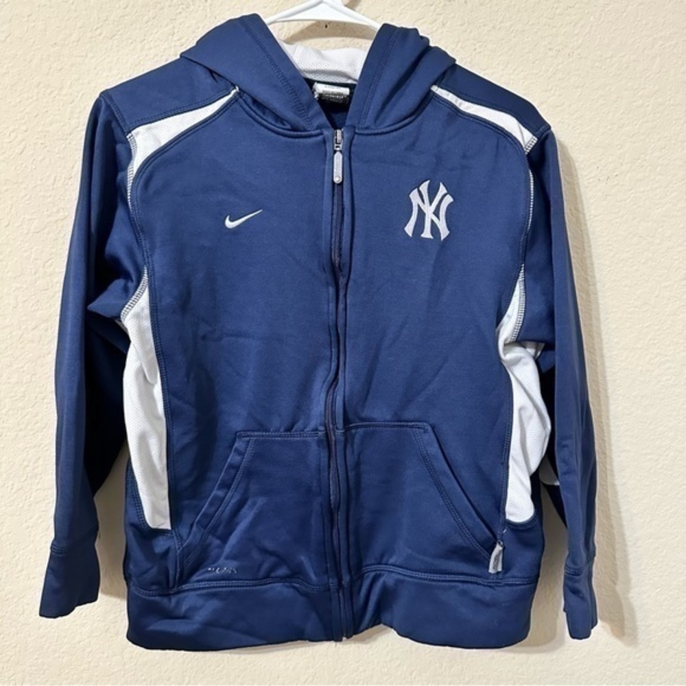 Nike NY Yankees Hoodie Jacket Blue White Zip Up Long Sleeve Dry Fit Hooded MLB